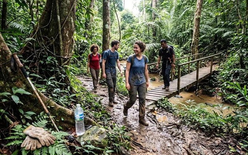 Hikers following a guide along a marked rainforest trail during a jungle trekking tour in Malaysia